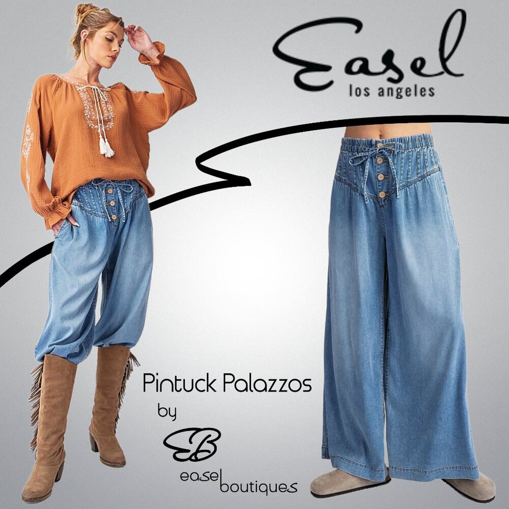 EASEL “Pintuck Palazzos” Soft Comfy Relaxed Loose Denim Pants Side, Back Pockets